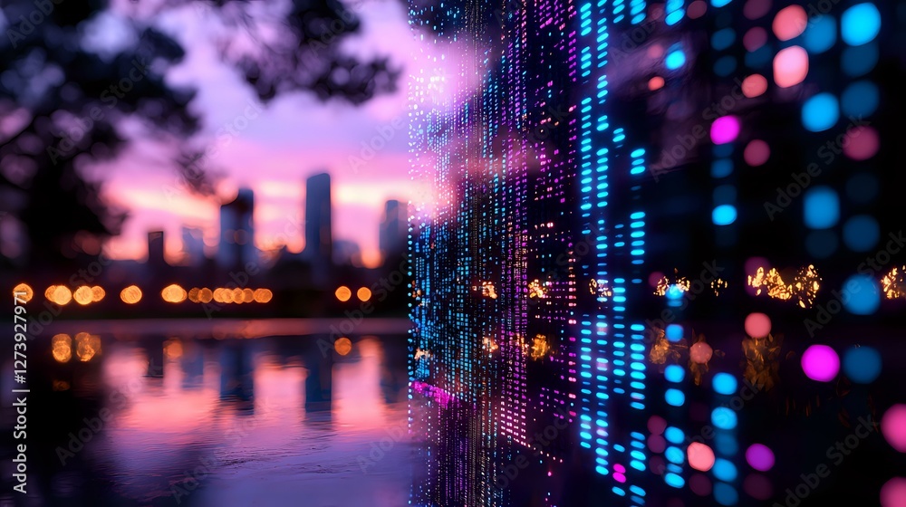 Obraz premium Futuristic city skyline reflected in water with digital LED wall display creating cyberpunk atmosphere in purple and blue colors at dusk. Modern urban technology concept.