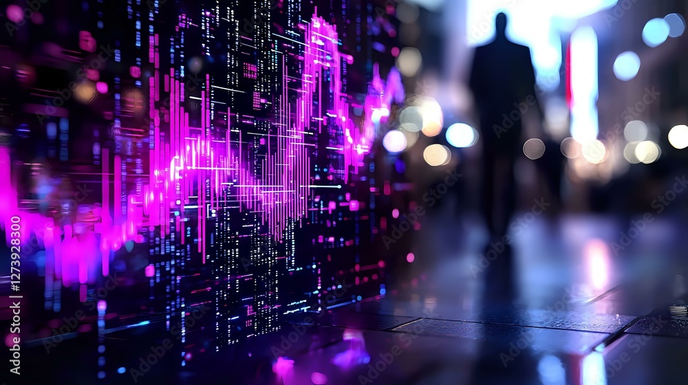 Fototapeta premium Digital financial chart glowing in neon pink against urban night scene with blurred male silhouette, reflecting modern market data visualization and technology.
