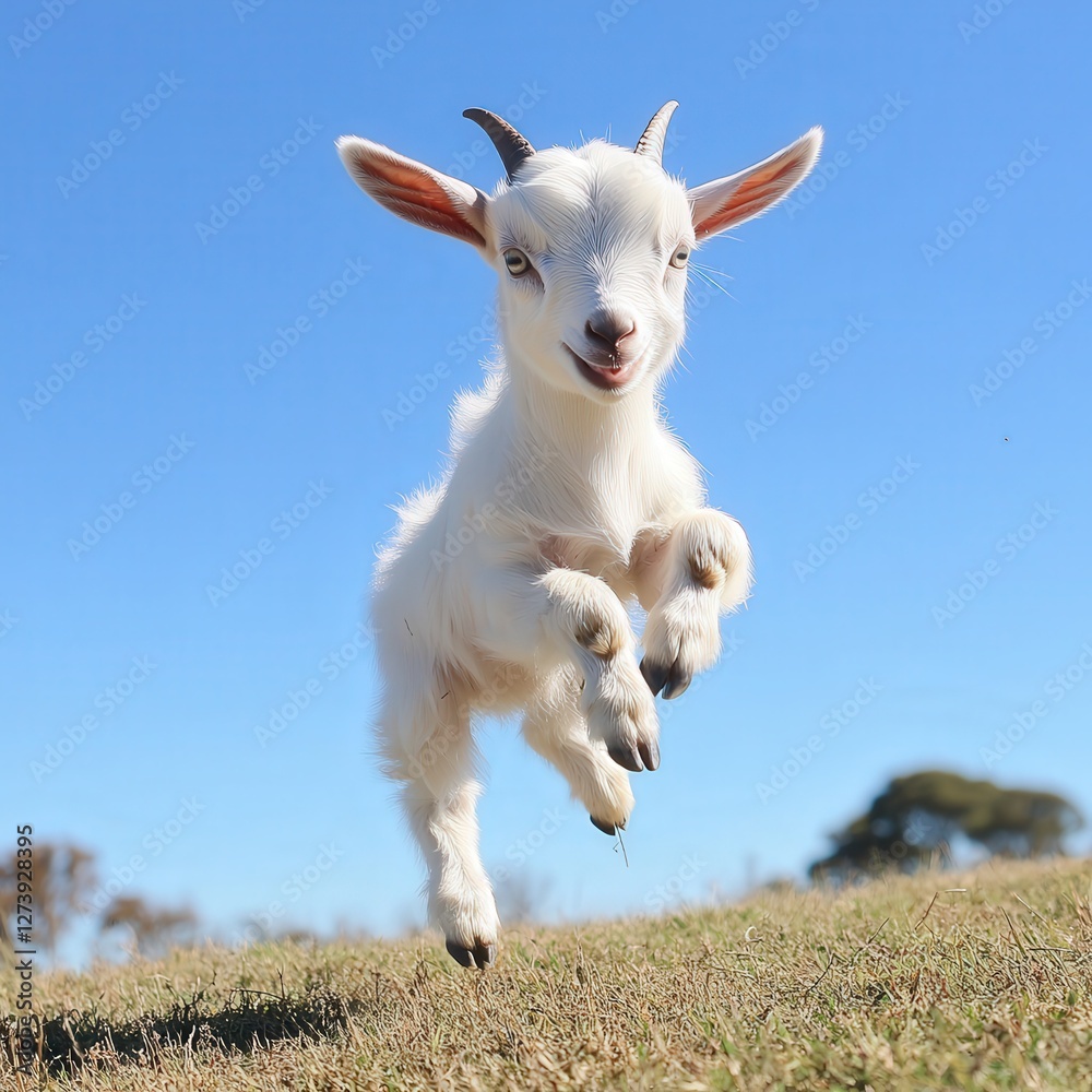 a baby goat bounding through a field, its tiny legs kicking up the grass as it plays with boundless energy under a clear blue sky a baby goat bounding through a field, its tiny legs kicking up the grass as it plays with boundless energy under a clear blue sky