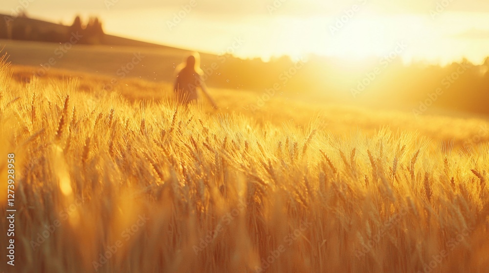 Obraz premium Golden Wheat Field at Sunset with Silhouette of a Walking Figure