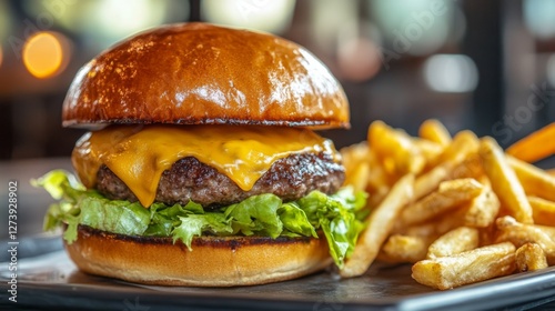 Delicious cheeseburger with fries on a plate. Restaurant food photo