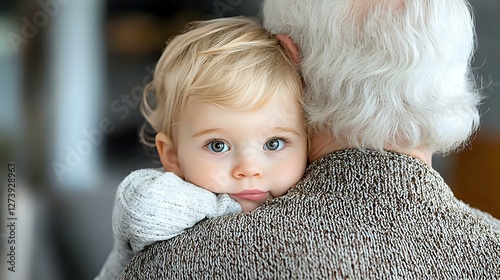 Adorable blonde toddler with blue eyes peeks over grandparent's shoulder while being held, showing innocent curiosity and family bonding in warm indoor setting. photo