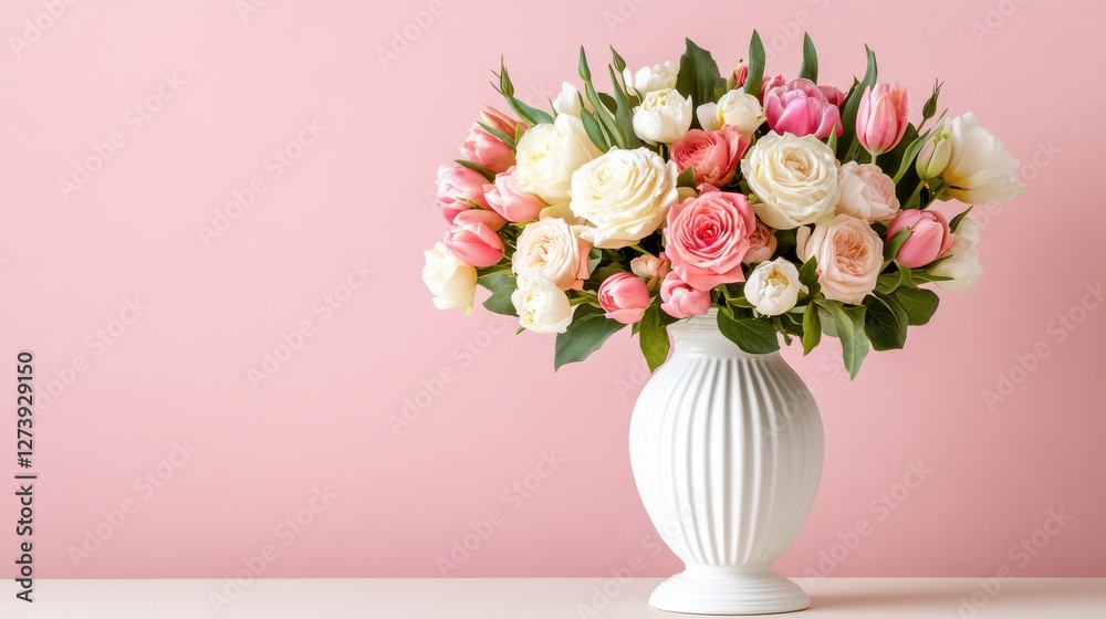 Fototapeta premium Bright floral arrangement in a white vase against a pink backdrop for spring decoration