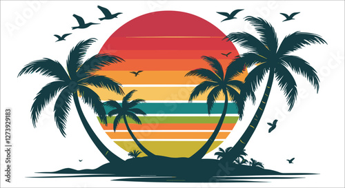 Vintage striped sunset with island palm tree silhouettes, Tropical sunset over beach island with birds flying and palms vector, Palm tree silhouettes on tropical beach with sunset background