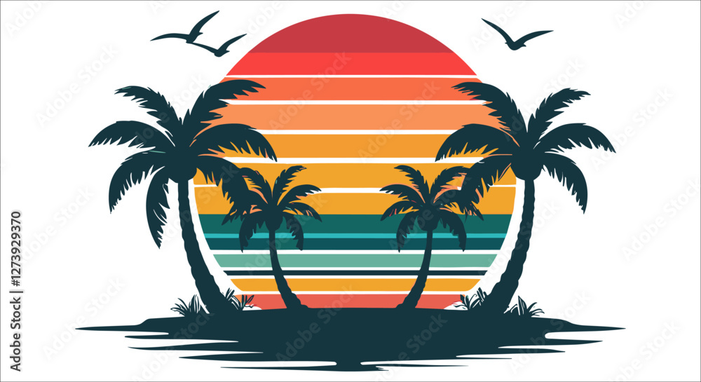 Vintage striped sunset with island palm tree silhouettes, Tropical sunset over beach island with birds flying and palms vector, Palm tree silhouettes on tropical beach with sunset background