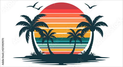 Vintage striped sunset with island palm tree silhouettes, Tropical sunset over beach island with birds flying and palms vector, Palm tree silhouettes on tropical beach with sunset background