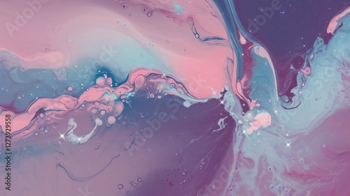 Abstract watercolor splash with liquid waves and bubbles in blue, pink, and white tones
