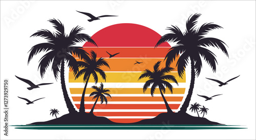 Tropical island sunset with palm trees and birds, Retro sunset with palm tree silhouettes on an island vector, Retro palm trees on an island with sunset, Tropical sunset with palm trees silhouettes