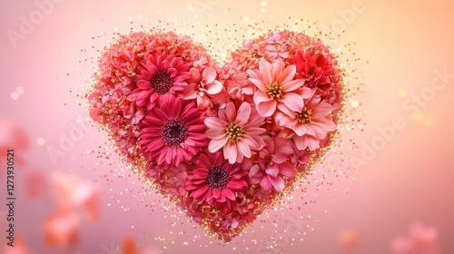 A romantic heart-shaped floral design made of pink and red flowers, surrounded by golden sparkles that add a magical touch. The background transitions from coral to dusty rose.