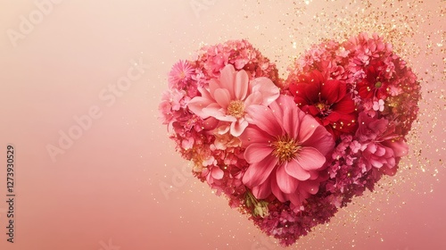 A romantic heart-shaped floral design made of pink and red flowers, surrounded by golden sparkles that add a magical touch. The background transitions from coral to dusty rose.