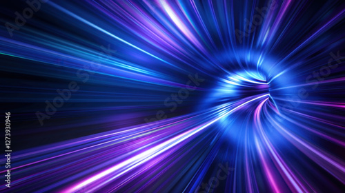 Abstract light trails in vibrant blue and purple colors create dynamic sense of motion and energy, evoking feelings of speed and excitement