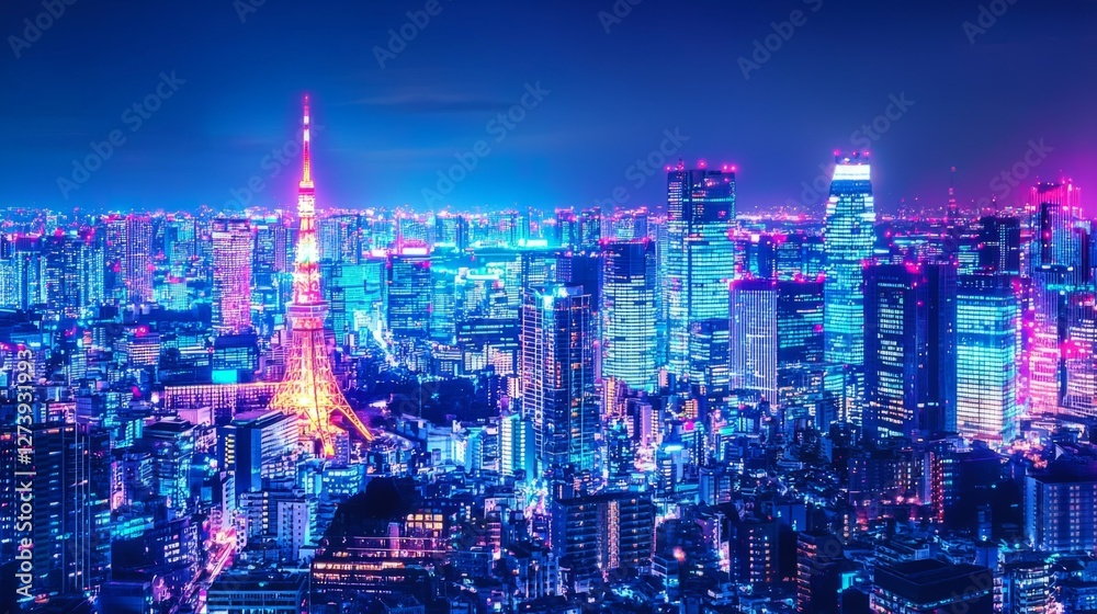Obraz premium Vibrant Night Cityscape of Tokyo with Iconic Tower and Neon Lights