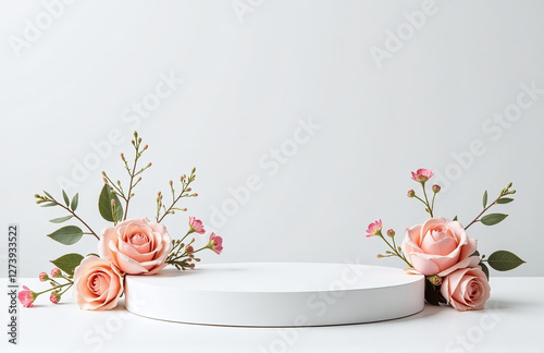 Sleek Podium With Pastel Colored Floral Sprigs, White Background Dark Tones, Cluttered Compositions 00001 photo