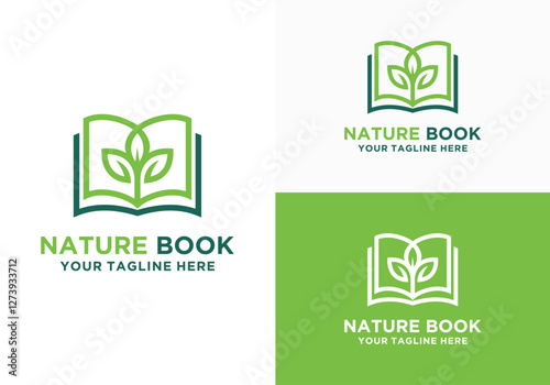 Nature book vector logo design, Nature education logo with book and green leaf elements in vector design combination