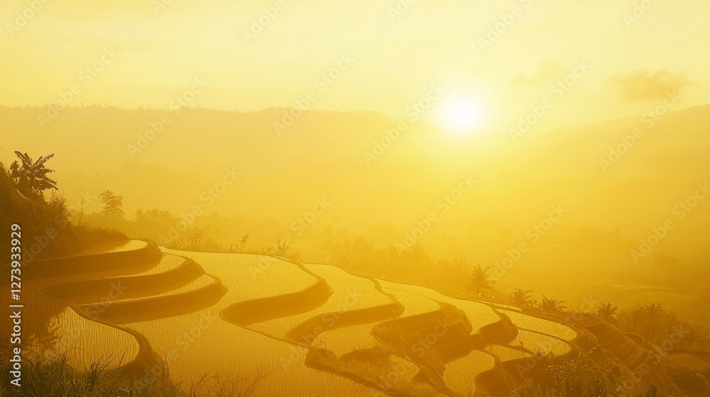 Fototapeta premium Golden Sunrise Over Serene Rice Terraces in Misty Landscape