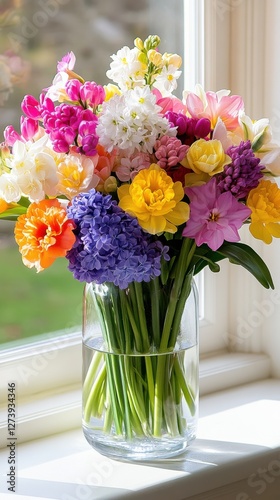 Wallpaper Mural Colorful bouquet of spring flowers in a glass vase on a sunny windowsill Torontodigital.ca