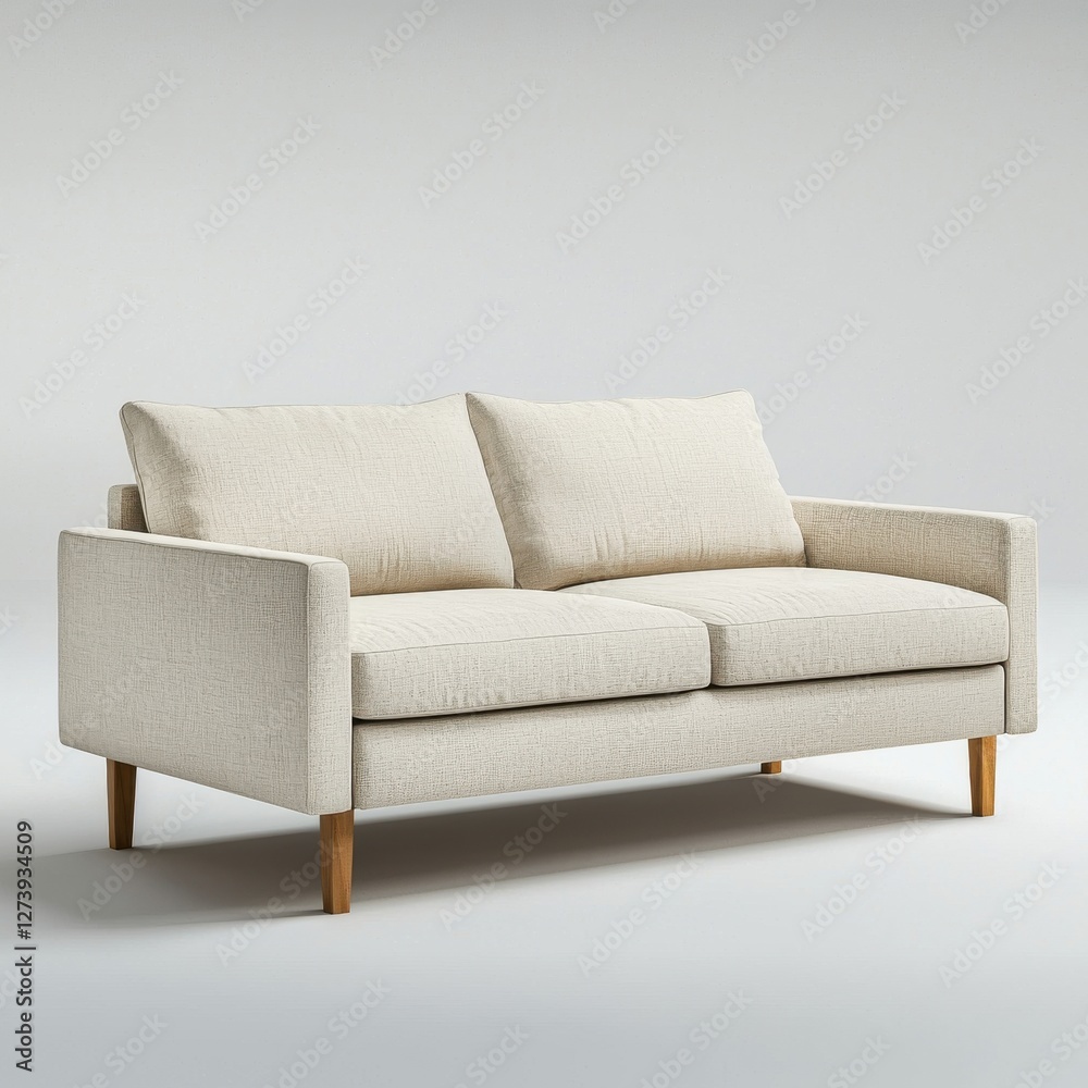 Fototapeta premium A modern loveseat with light upholstery and wooden legs, providing a comfortable and stylish seating option for living rooms and contemporary spaces.