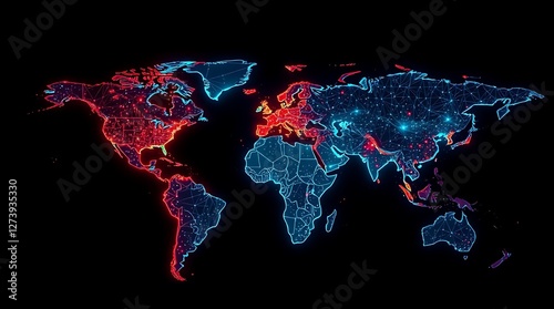 Fototapeta Naklejka Na Ścianę i Meble -  Vibrant Electric-Colored World Map Illuminated with Glowing Lights, Representing Global Connectivity and Innovation