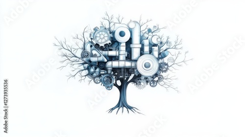 Mechanical tree with gears and pipes symbolizing technology and nature integration