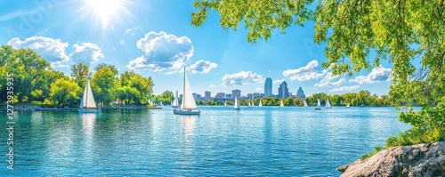 Lake Harriet in Minneapolis, with sailboats on the water and the city skyline in the distance