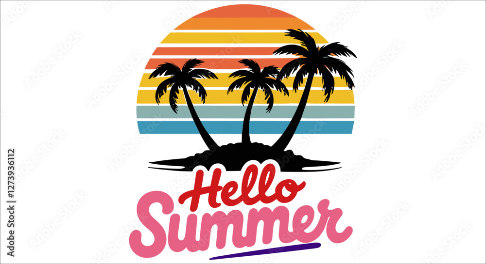 Obraz premium Hello summer sunset with palm tree island vector, Retro tropical sunset with palm trees and hello summer typography, Vintage beach sunset with palm tree silhouettes and hello summer text