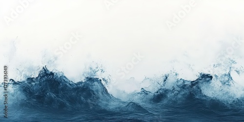 A vibrant ocean scene brimming with life; waves crash dynamically, showcasing rich blues and greens. Sunlight dances on the water's surface, creating an illusion of endless depth and motion. Seagulls 
