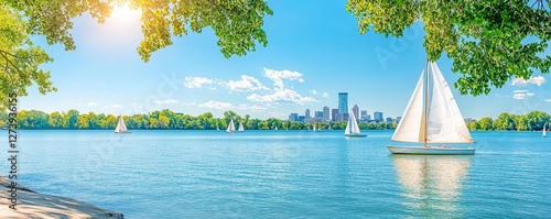 Lake Harriet in Minneapolis, with sailboats on the water and the city skyline in the distance