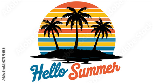 Hello summer sunset with palm tree island vector, Retro tropical sunset with palm trees and hello summer typography, Vintage beach sunset with palm tree silhouettes and hello summer text