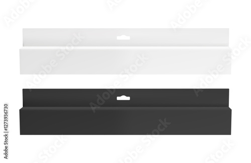 3d black hang box mockup isolated. Blank rectangle toothpaste carton pack. Medical or cosmetic container with hanger for stand. Luxury rectangular cardboard dummy shape thin paperboard packaging.