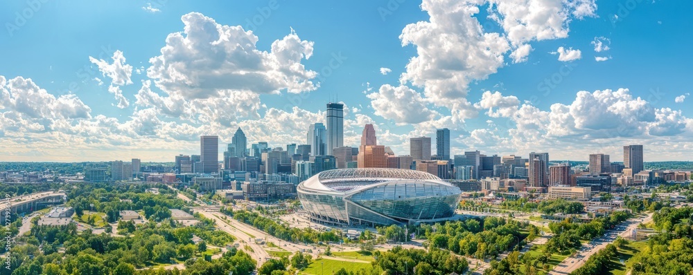 Obraz premium Minneapolis aerial featuring the US Bank Stadium and its sleek modern architecture with the city skyline as a backdrop