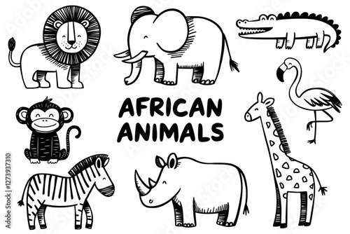 African animals, doodle vector set, including lion, crocodile, elephant, giraffe, zebra, monkey, flamingo, rhino illustrations