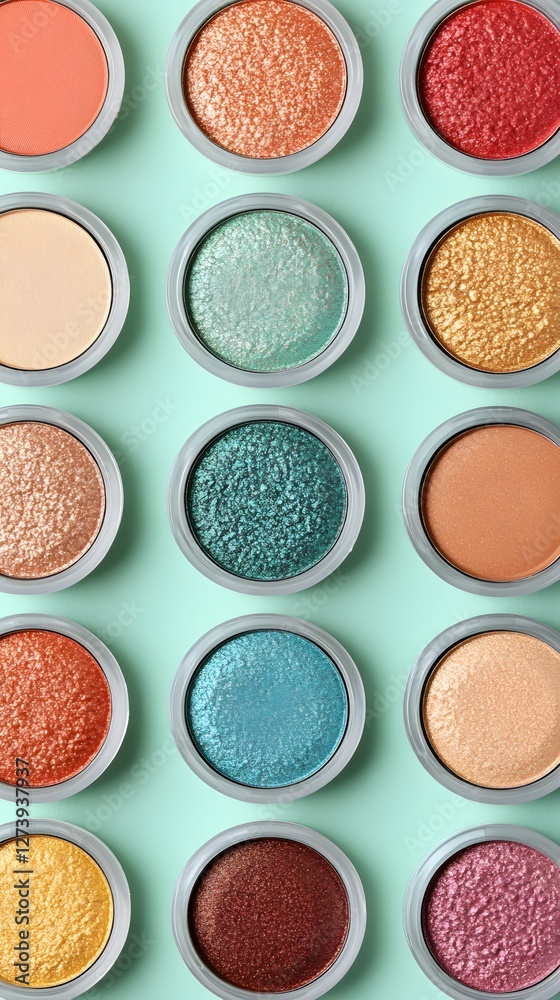 Fototapeta premium Colorful Cosmetic Palette Arrangement Eye Shadow Collection in Pastel Green Background