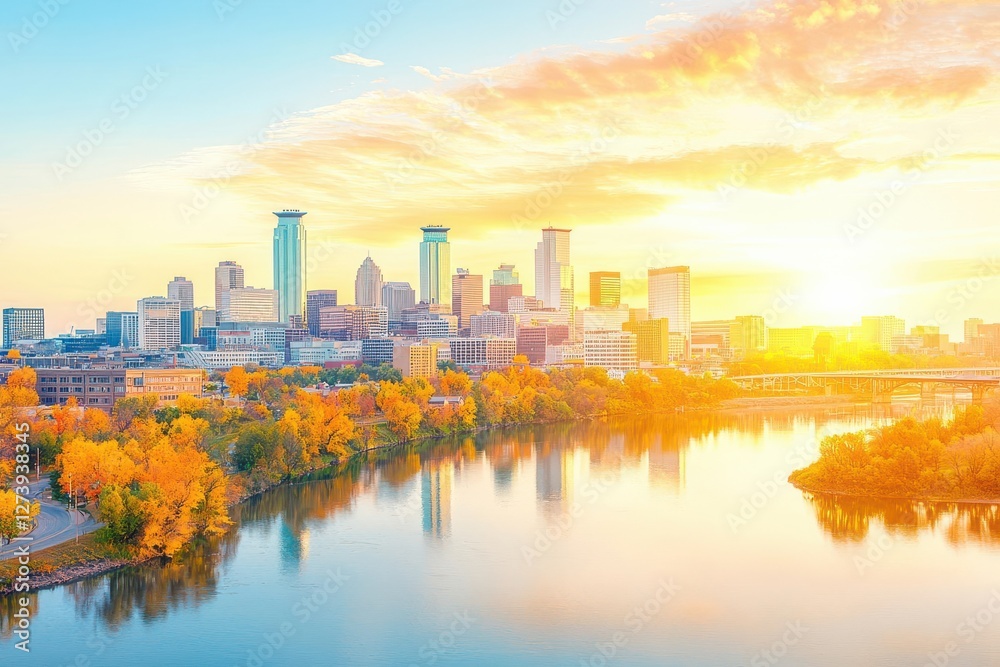 Obraz premium Minneapolis aerial at sunrise, showcasing the city skyline with golden sunlight reflecting on skyscraper windows and the Mississippi River in the foreground
