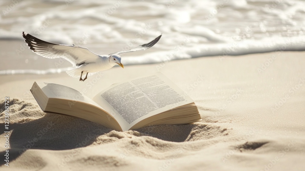 A seagull flies over an open book resting on the beach near the water. A seagull flies over an open book resting on the beach near the water.