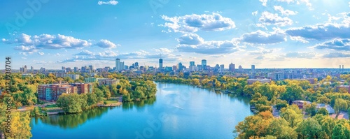 Minneapolis aerial with a panoramic view of Lake Calhoun Bde Maka Ska surrounded by the city's skyline
