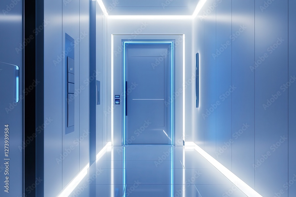 A high-tech installation of a smart home door, with digital lock integration and sleek, futuristic design in a modern living space A high-tech installation of a smart home door, with digital lock integration and sleek, futuristic design in a modern living space