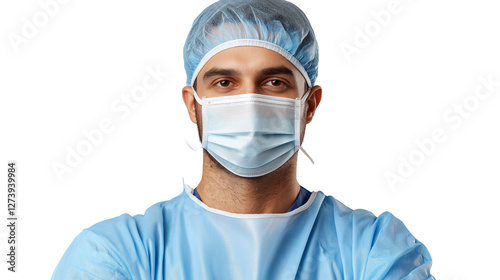 Portrait of a male surgeon wearing a light blue scrub uniform and a surgical mask pulled down, warm eyes, confident and caring expression, isolated PNG  photo