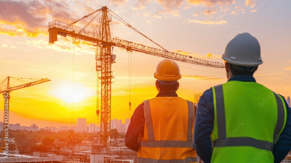 Two construction workers in safety gear observe a sunset over a city skyline, with cranes silhouetted against the vibrant sky. Two construction workers in safety gear observe a sunset over a city skyline, with cranes silhouetted against the vibrant sky.