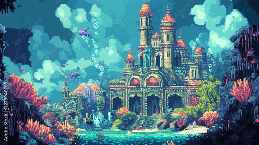 Fototapeta premium Underwater Pixel Art Castle