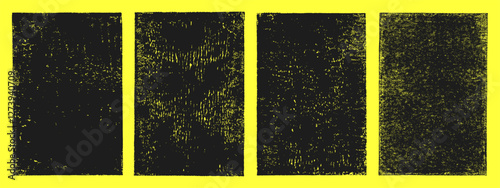 Linocut, relief block printing rectangle 2:3 shapes rough grunge textures set. Black linocutting textured backgrounds collection, text frames. Paint roller worn scuffed stains, lino ink grungy remains