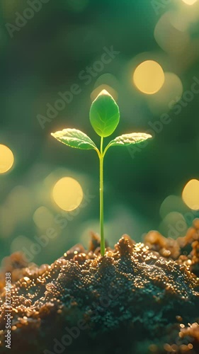 Time-lapse of a young sprout growing against a yellow-green bokeh background, symbolizing natural harmony, resilience, and life’s renewal