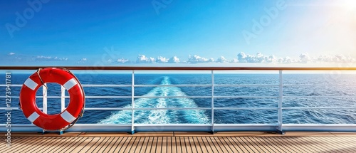 Vibrant ocean view from a cruise ship with a lifebuoy in the foreground.