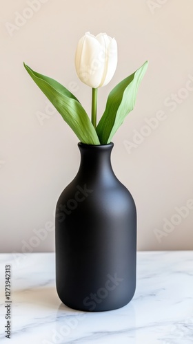 Elegant white tulip in a minimalist black vase on a light marble surface