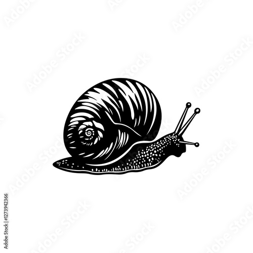 Grape garden snail  stamp engraving style engraved linocut with black outline. Vector image for a postcard, illustration, catalog or collection of animals.