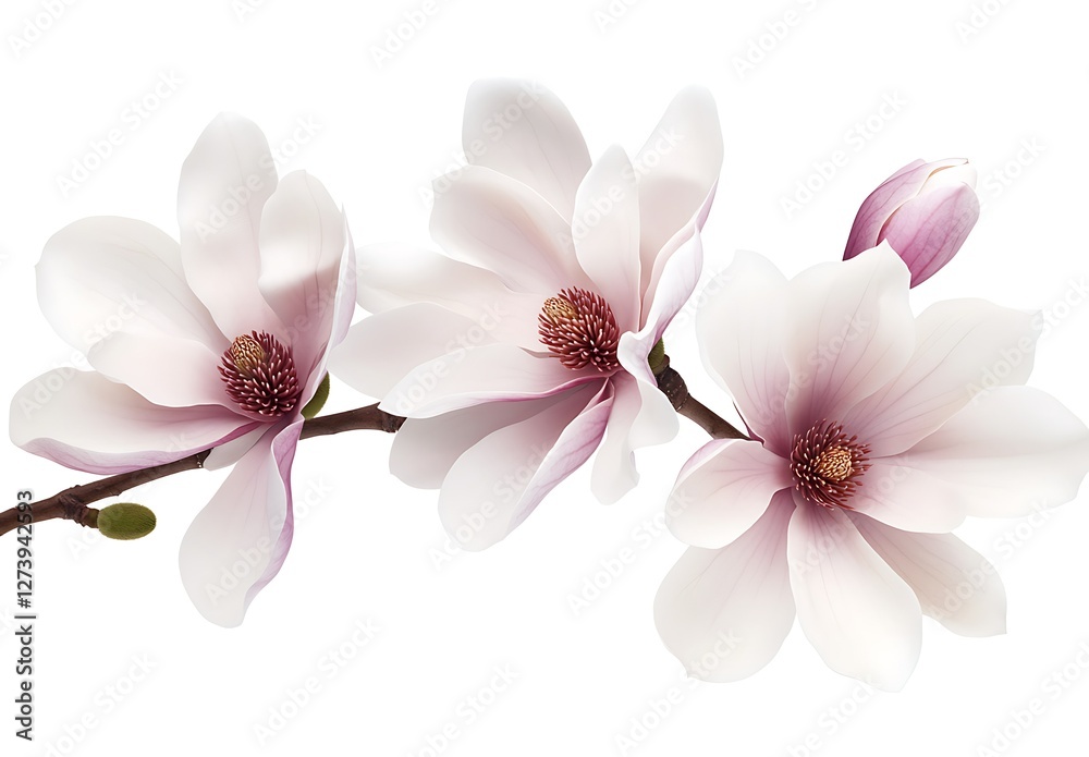 Elegant Magnolia Flowers in Bloom Isolated on White Background Nature Still Life Photography Elegant Magnolia Flowers in Bloom Isolated on White Background Nature Still Life Photography
