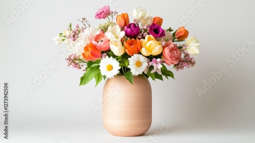 Wallpaper Mural Colorful spring bouquet featuring tulips and daisies in a wooden vase on a minimalistic table setting Torontodigital.ca
