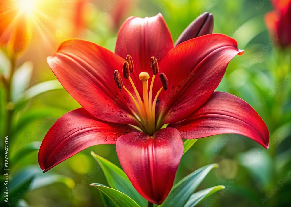 Vibrant Red Lily in Summer Garden - Blooming Flower Stock Photo Vibrant Red Lily in Summer Garden - Blooming Flower Stock Photo