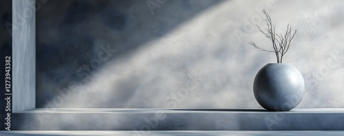 Minimalist grey vase, branches, sunlit room