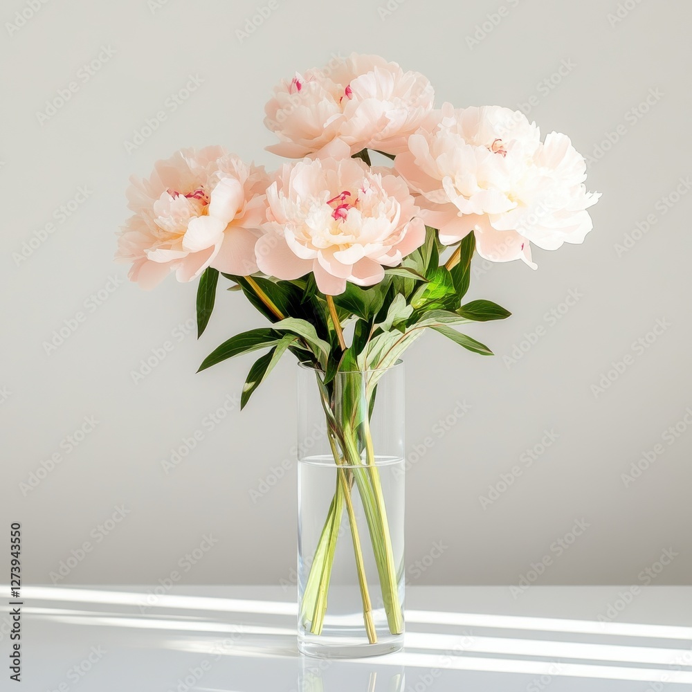 Obraz premium Soft pink peonies elegantly arranged in a clear vase on a minimalist table in natural light