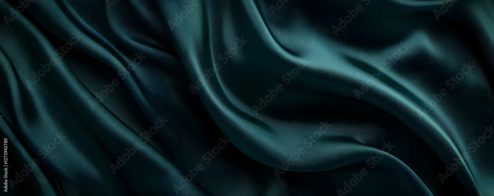 Fototapeta premium Teal silk fabric folds, dark background